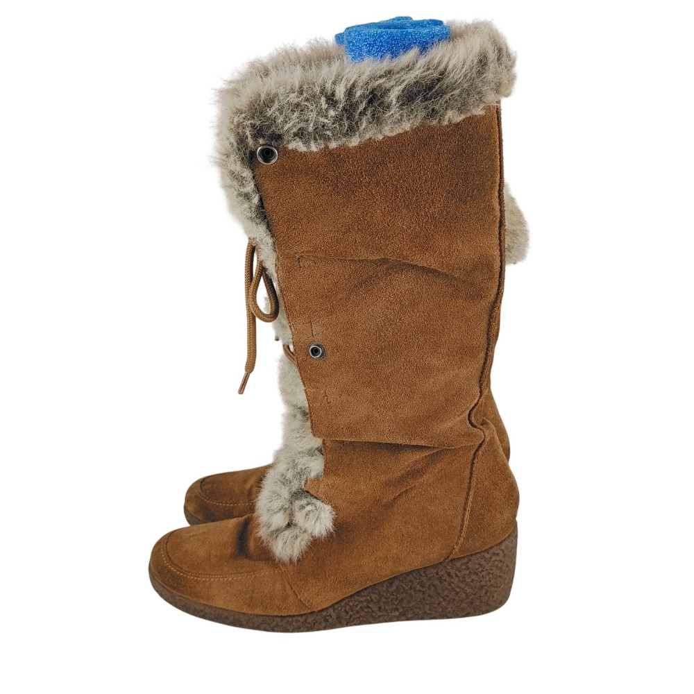 Ann Taylor LOFT Womens Brown Leather Faux Fur Lace Up Wedge Winter Boots 9.5M